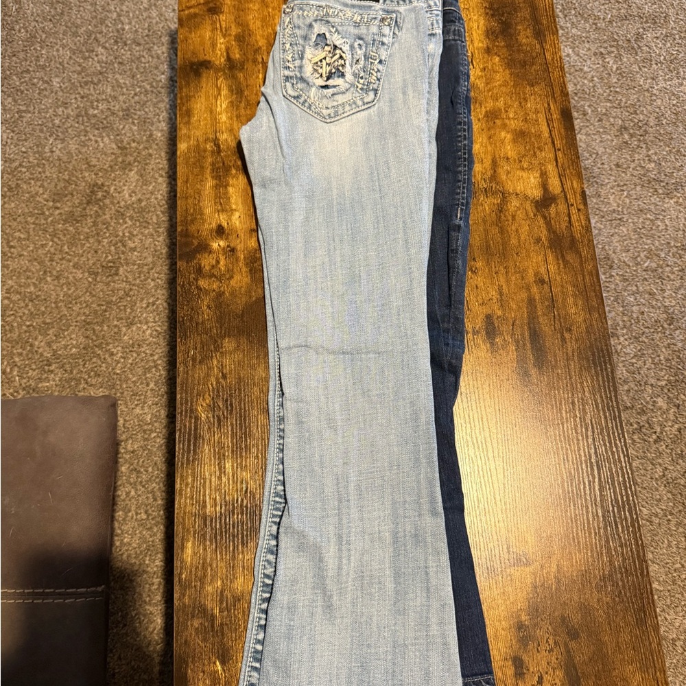 Miss Me Two-Tone Bootcut Jeans in Light Wash and Dark Indigo